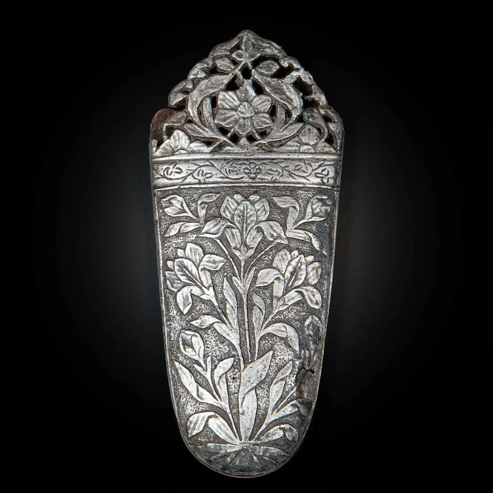 Intricately carved 17th century Mughal cut-steel sword chape with floral design by Nicholas Wells Antiques