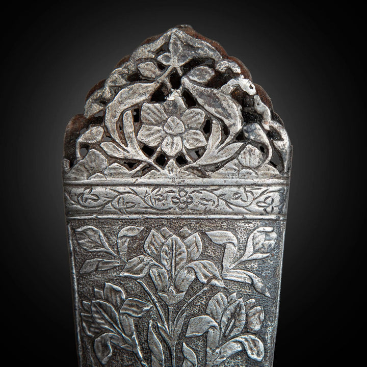 Intricate 17th century Mughal carved cut-steel chape with foliate design, from Nwtiques collection