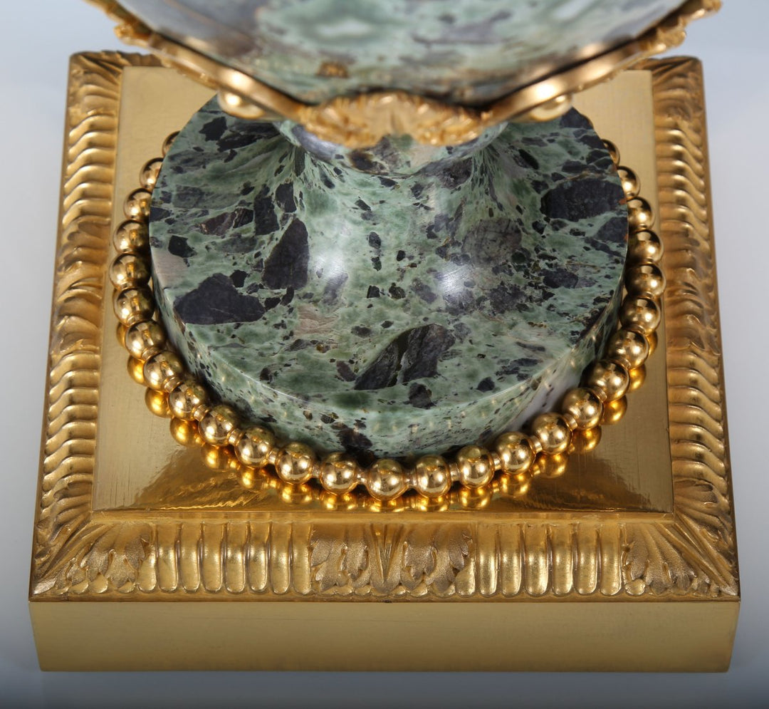 A Grand Pair of 19th-Century Gilt-Bronze Mounted Verde Antico Marble Vases, Now Lamps