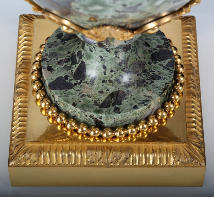 A Grand Pair of 19th-Century Gilt-Bronze Mounted Verde Antico Marble Vases, Now Lamps
