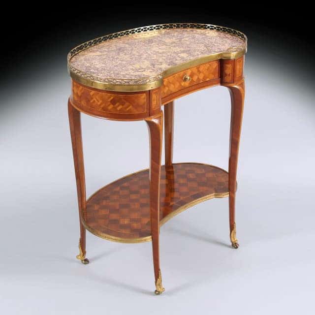 18th century Louis XVI kidney table with Brocatelle de Jura marble top and parquetry veneer by The Sold Archive