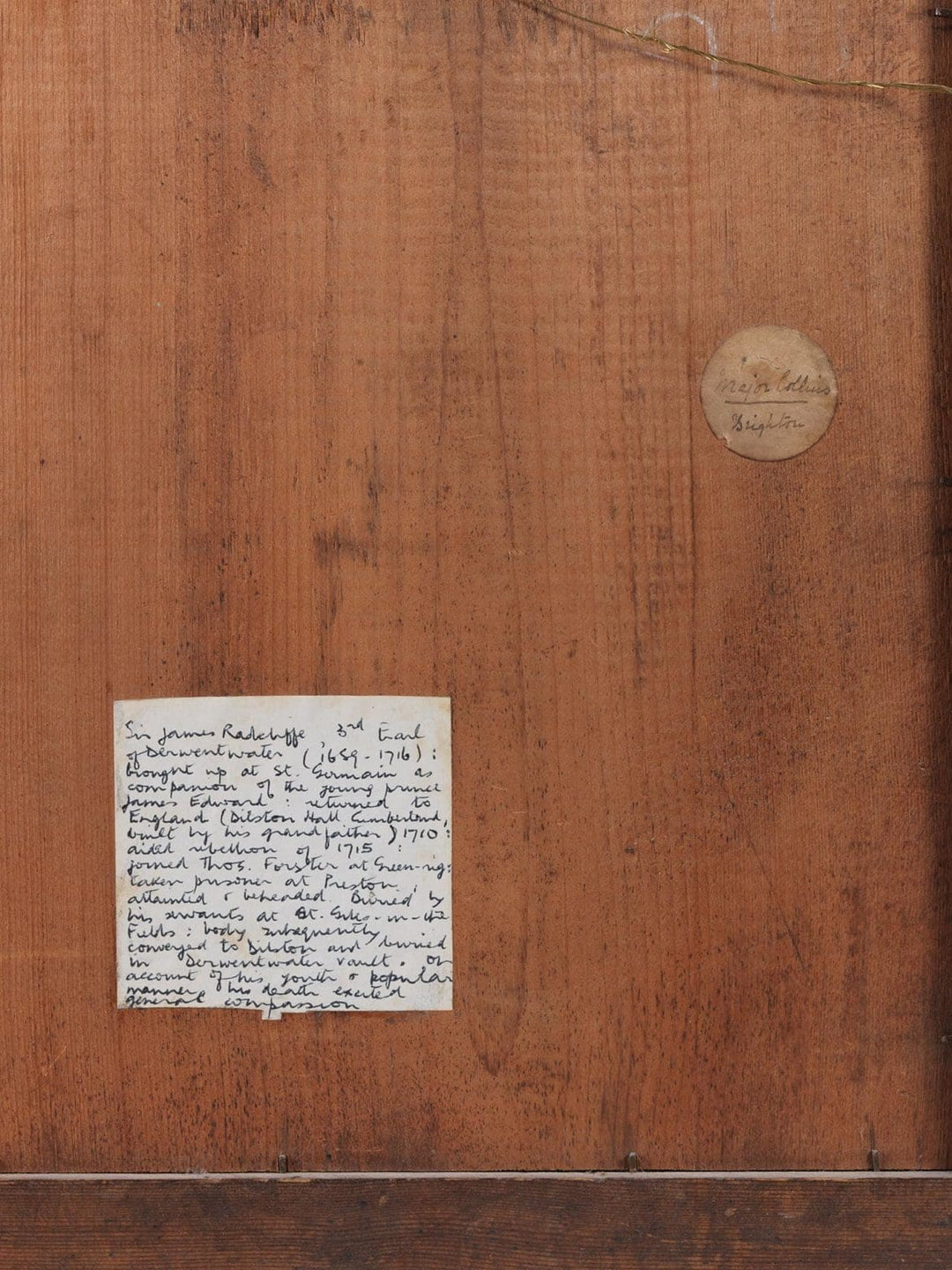 Handwritten historical note on wooden back of 19th century Dilston Hall watercolor from Nwtiques