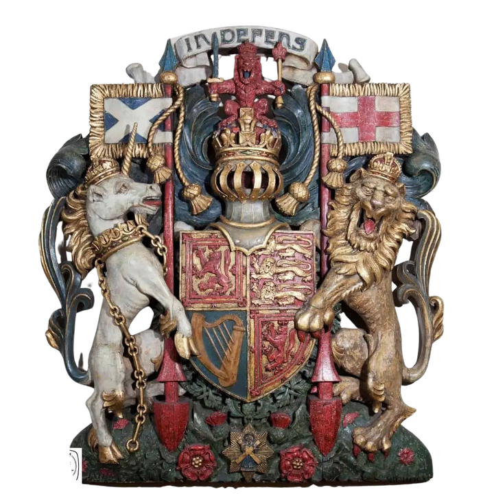 19th Century Royal Coat of Arms sculpture by Collection CK10 featuring lion and unicorn supporters in Victorian style