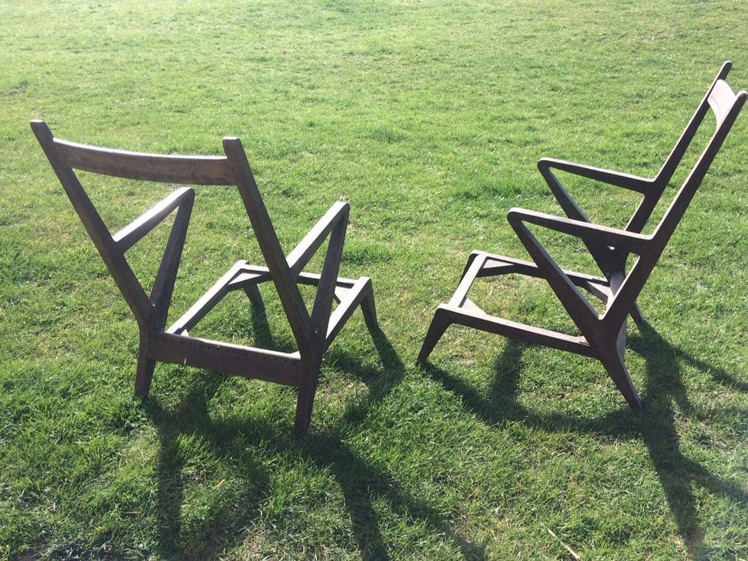 Pair of unusual Chandigarh teak and cane chairs with angular design, vintage circa 1960 from Collection EE30