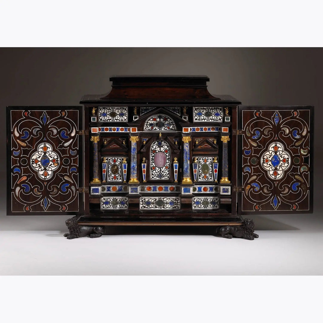 17th-century Italian Baroque cabinet by Nicholas Wells Antiques with lapis lazuli and agate inlays and open doors.