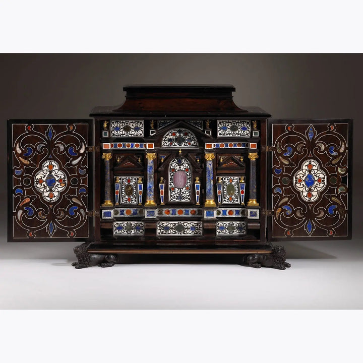 17th-century Italian Baroque cabinet by Nicholas Wells Antiques with lapis lazuli and agate inlays and open doors.