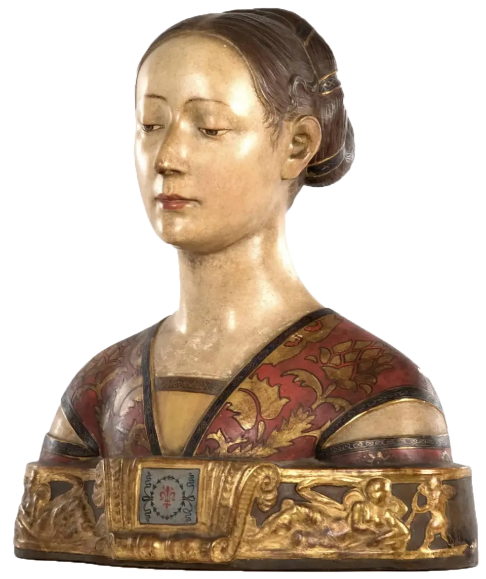 Portrait bust of a woman after Francesco Laurana, terracotta gilded sculpture by Nwtiques, circa 1890 Italy.