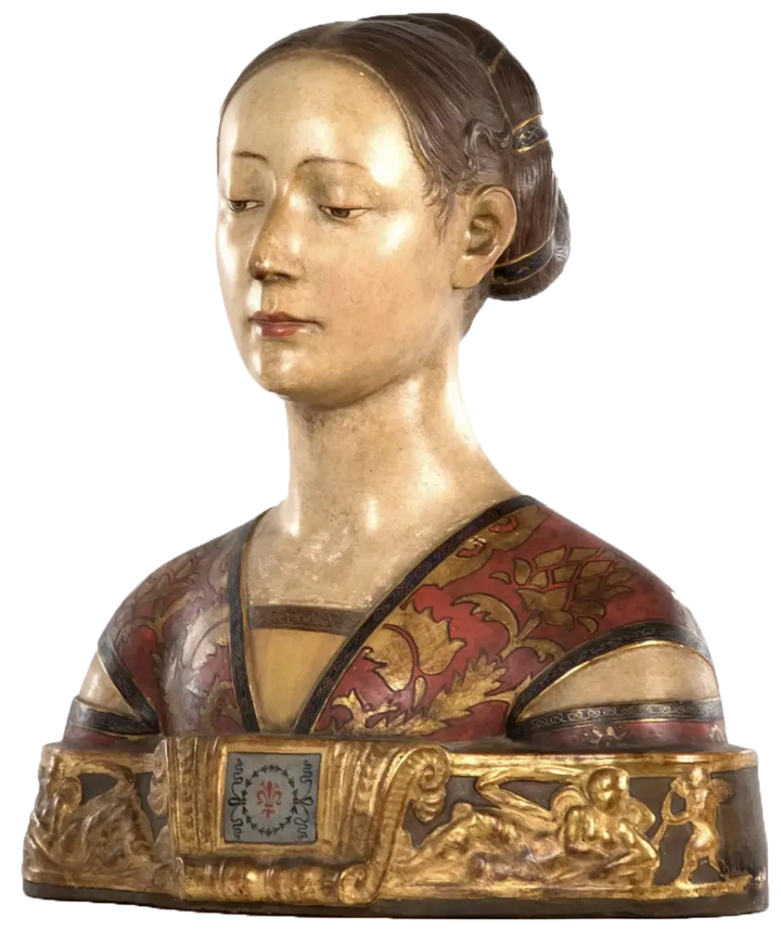Portrait bust of a woman after Francesco Laurana, terracotta gilded sculpture by Nwtiques, circa 1890 Italy.