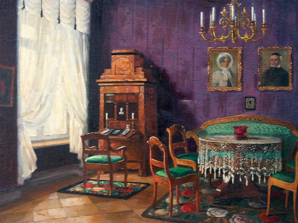 Biedermeier Secretaire abattant in a vintage room with chairs, round table, and purple walls with portraits.