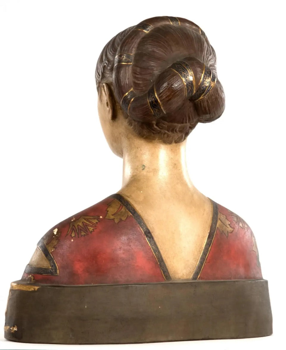 Rear view of a painted and gilded terracotta bust by Nwtiques inspired by Francesco Laurana circa 1890