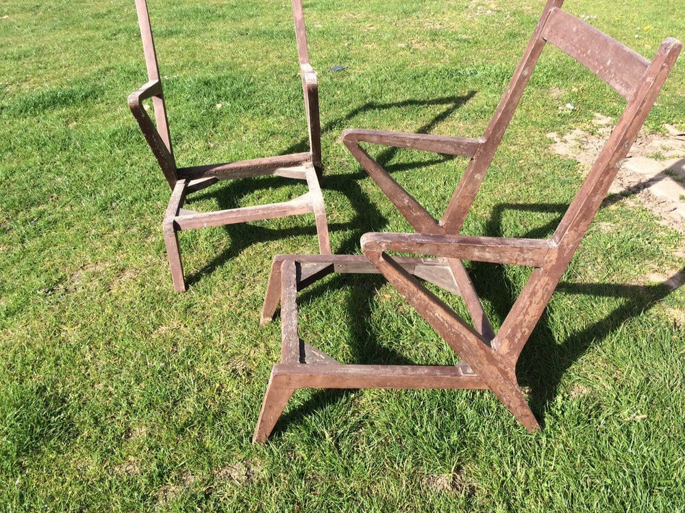 Pair of rare mid-century Chandigarh chair frames attributed to Jeanneret, vintage teak and cane by Collection EE30.