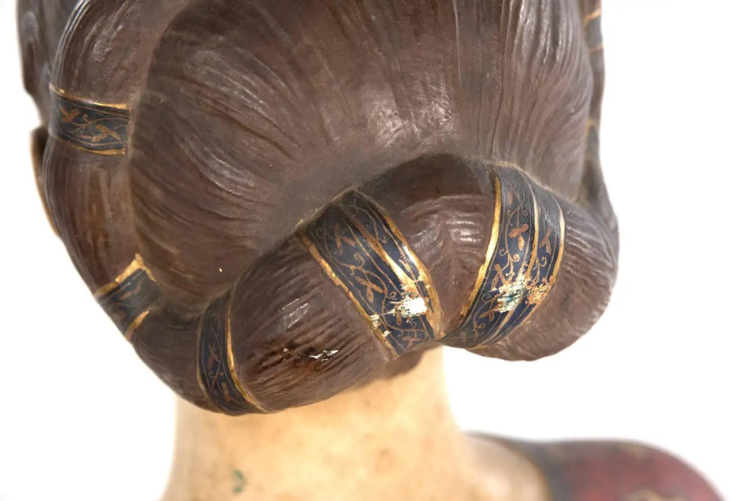 Close-up of painted and gilded terracotta bust hairstyle by Nwtiques after Francesco Laurana circa 1890