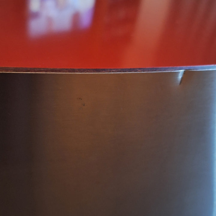 Close-up of TRG Red and Brushed Steel Coffee Table by Willy Rizzo, vintage design available at Nwtiques