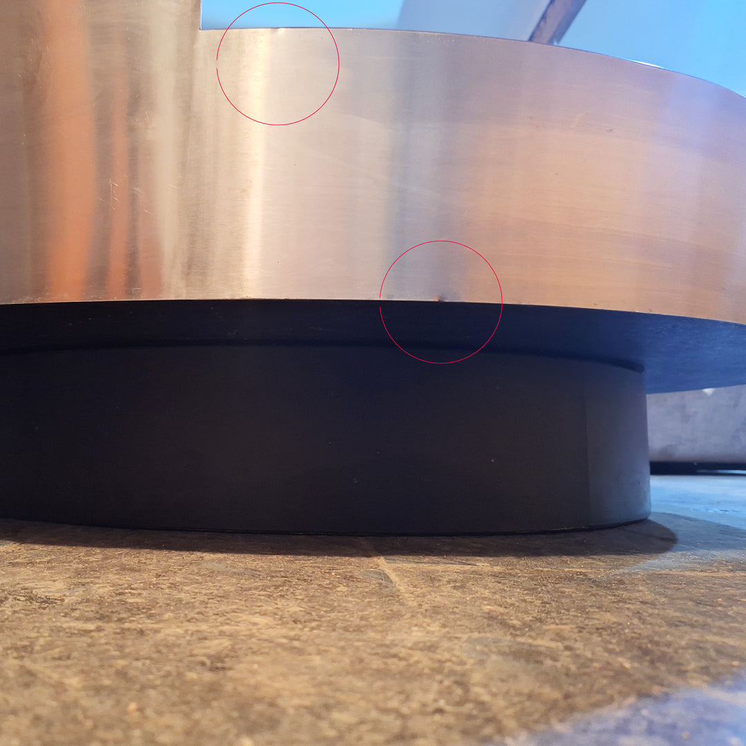 Close-up of TRG Red and Brushed Steel Coffee Table base by Willy Rizzo, available at Nwtiques