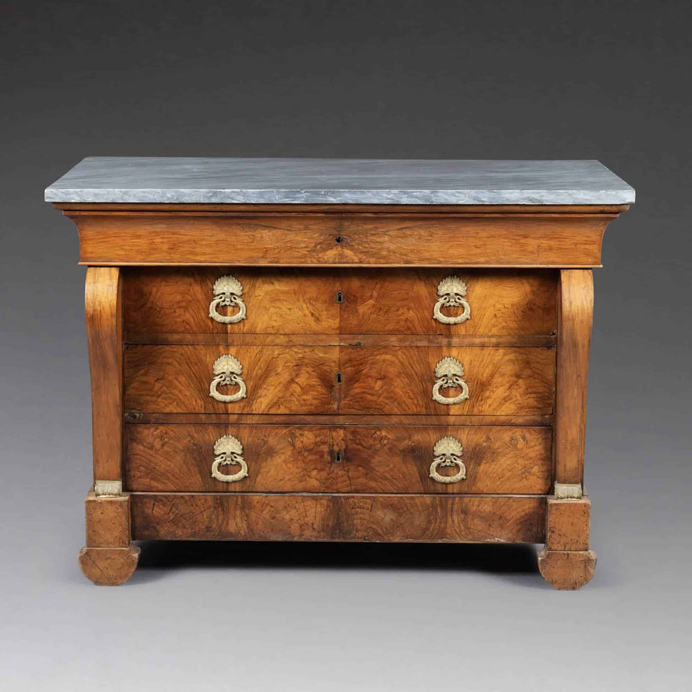 Louis Philippe figured walnut commode with Bleu Turquin marble top by Nwtiques elegant mid-19th century design