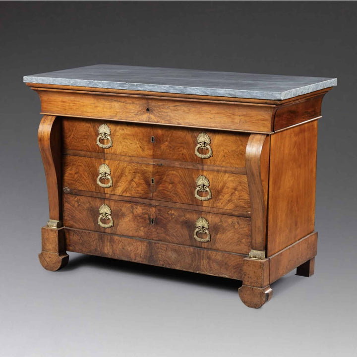 Louis Philippe figured walnut commode with Bleu Turquin marble top by Nwtiques, 19th century French craftsmanship.
