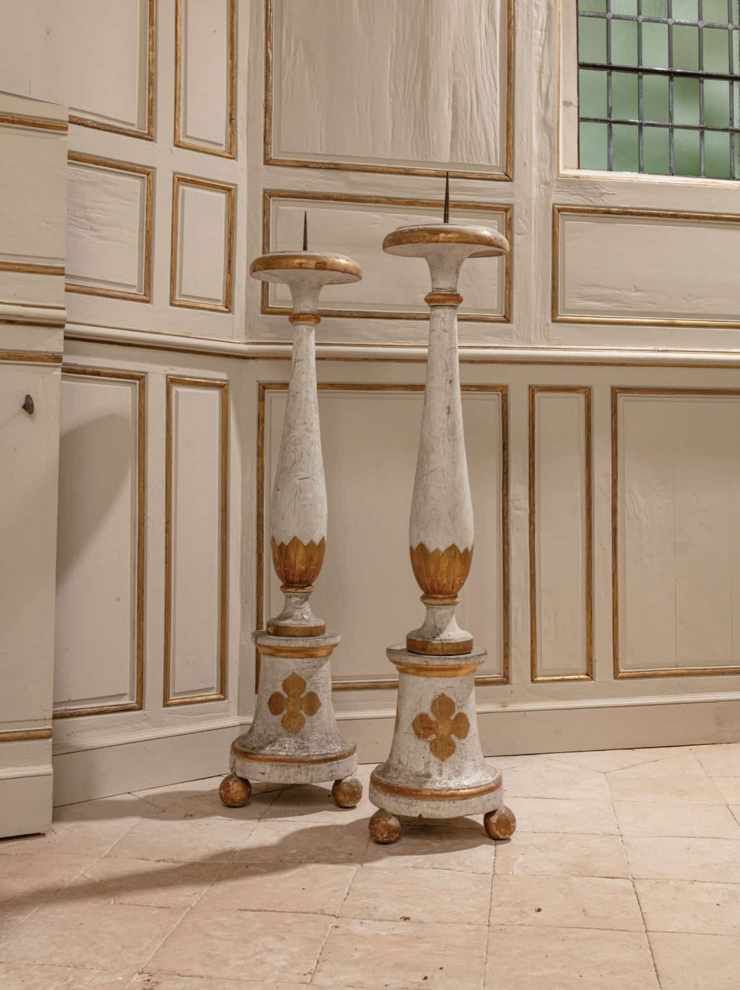 Pair of white and gold North Italian 18th century torchères with iron candle spikes by Collection EE10