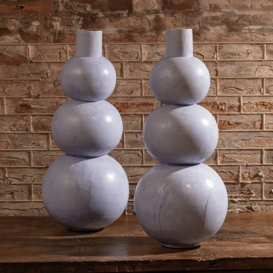 Pair of Tall Triple Gourd Turned Lamps, tall wooden lamps with three round gourd shapes, designed by Andrew Allfree circa 2000.