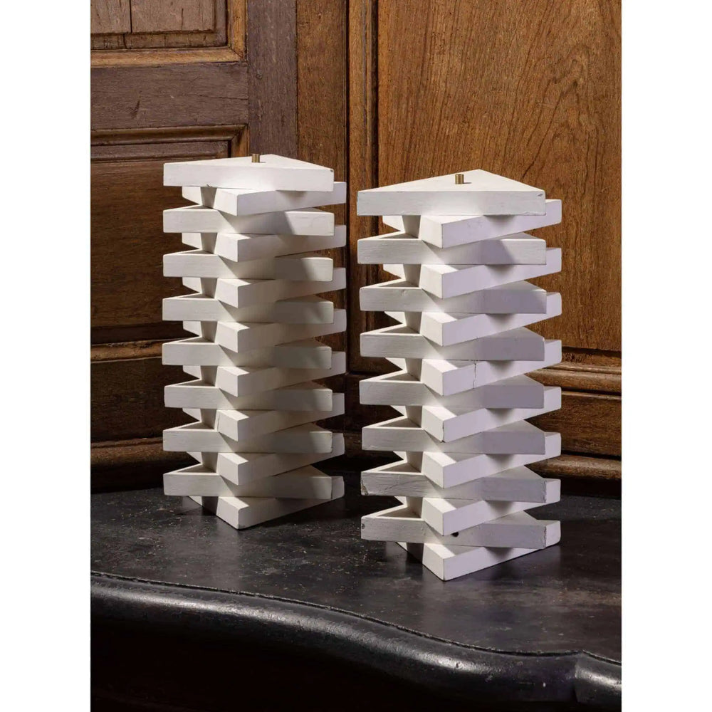 Pair of Geometric Lamp Bases by Andrew Allfree, white painted, modern design, height 42 cm, ready for wiring, England.