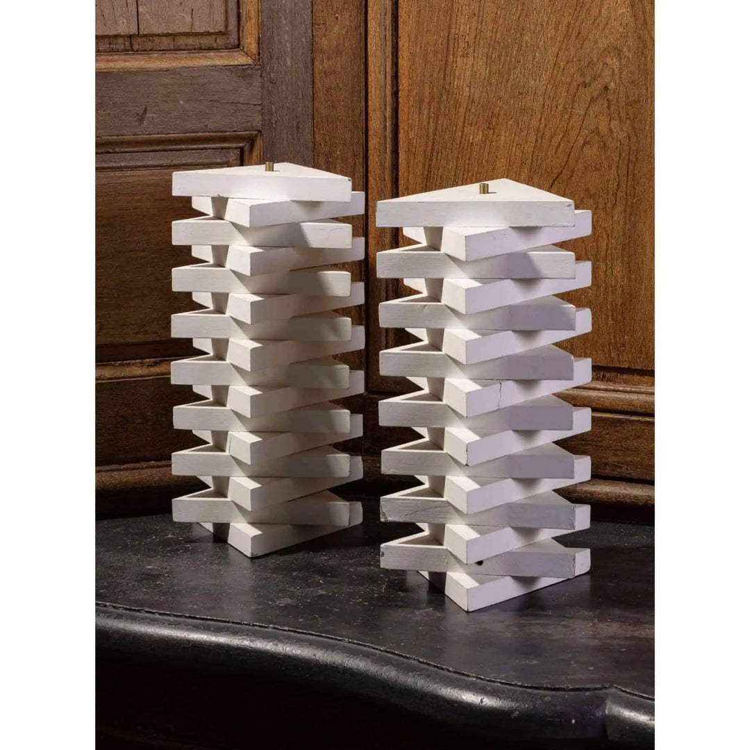 Pair of Geometric Lamp Bases by Andrew Allfree, white painted, modern design, height 42 cm, ready for wiring, England.