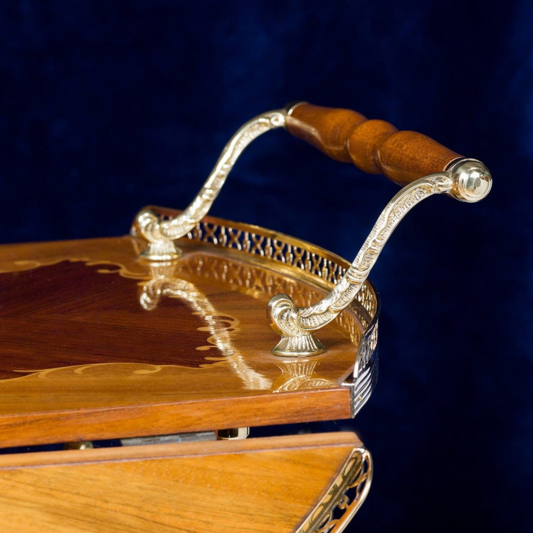 Mid Century Marquetry and Polished Brass Bar Cart Drinks Trolley