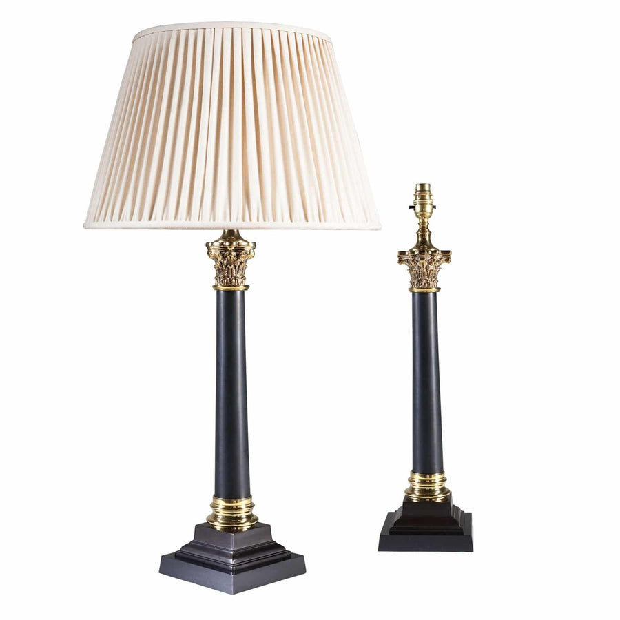 Pair of Corinthian Black Tole Column Lamp With Stepped Black Base AJ6 with cream pleated shade and gold accents.