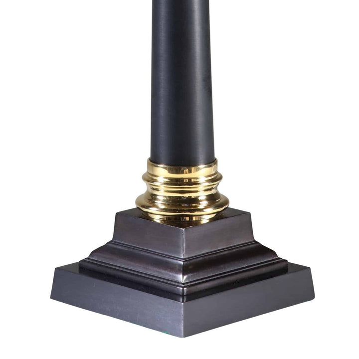 Pair of Corinthian Black Tole Column Lamp With Stepped Black Base AJ6 showing detailed lamp base and gold accents