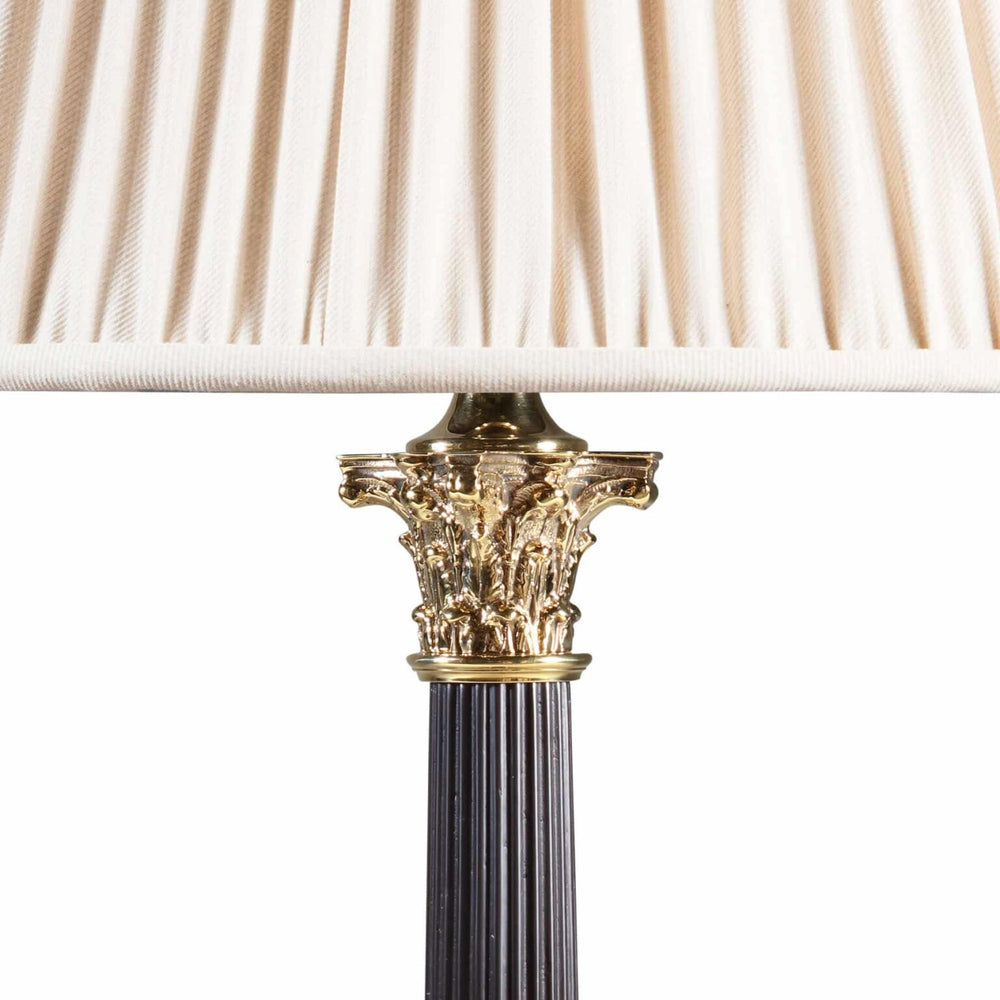 Pair of Corinthian Tole and Bronze Column Lamps With Polished Bases AJ6R featuring detailed gold capitals and cream pleated shades.