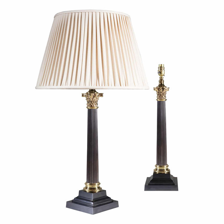 Pair of Corinthian Tole and Bronze Column Lamps With Polished Bases AJ6R with pleated beige shade and detailed capitals