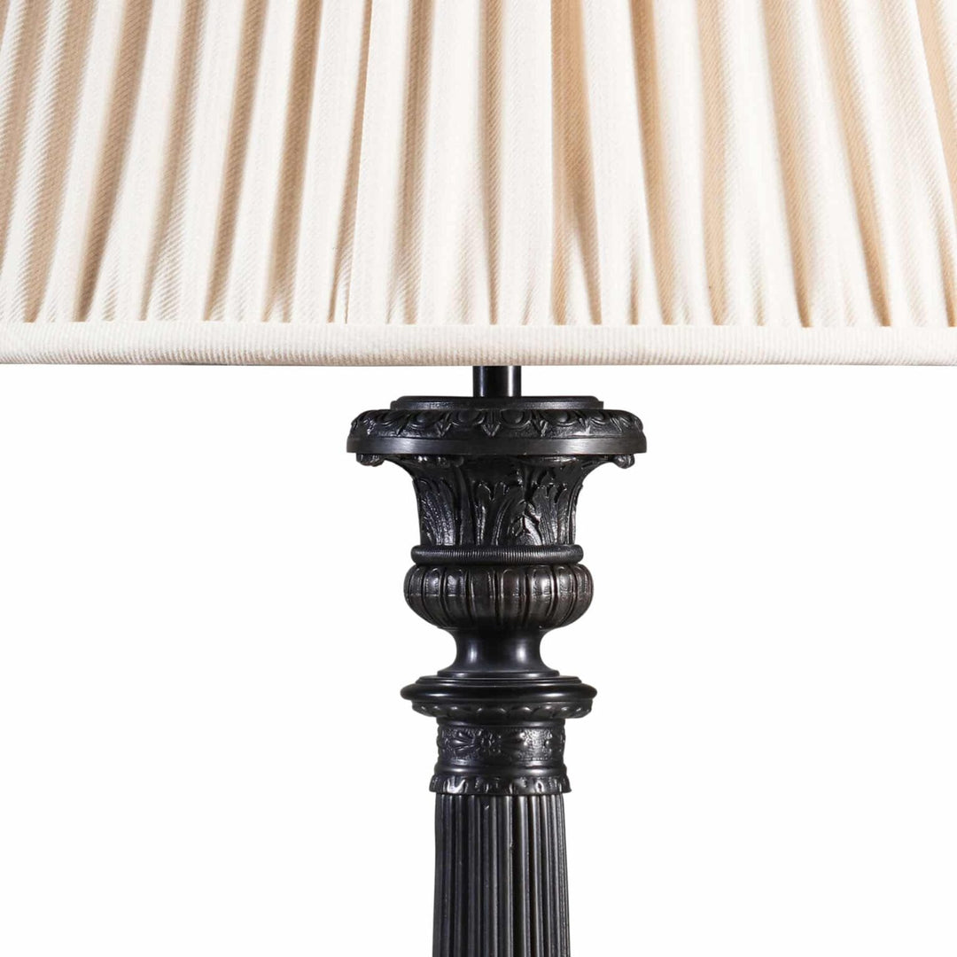 Pair of Dark Bronze Empire Column Lamps After The Antique AJX with ornate column bases and cream fabric shades