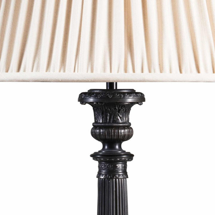Pair of Dark Bronze Empire Column Lamps After The Antique AJX with ornate column bases and cream fabric shades