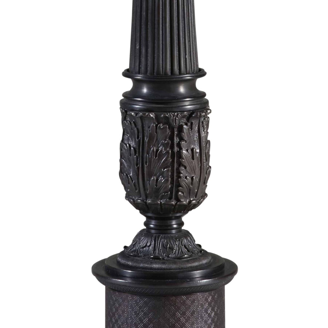 Pair of Dark Bronze Empire Column Lamps After The Antique AJX with intricate carved leaf details on column base