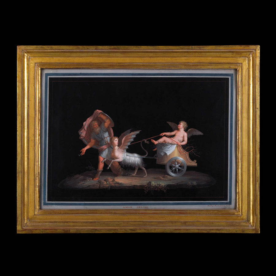 Amor Geloso by Michelangelo Maestri framed gouache painting from Nwtiques depicting mythological scene on black background