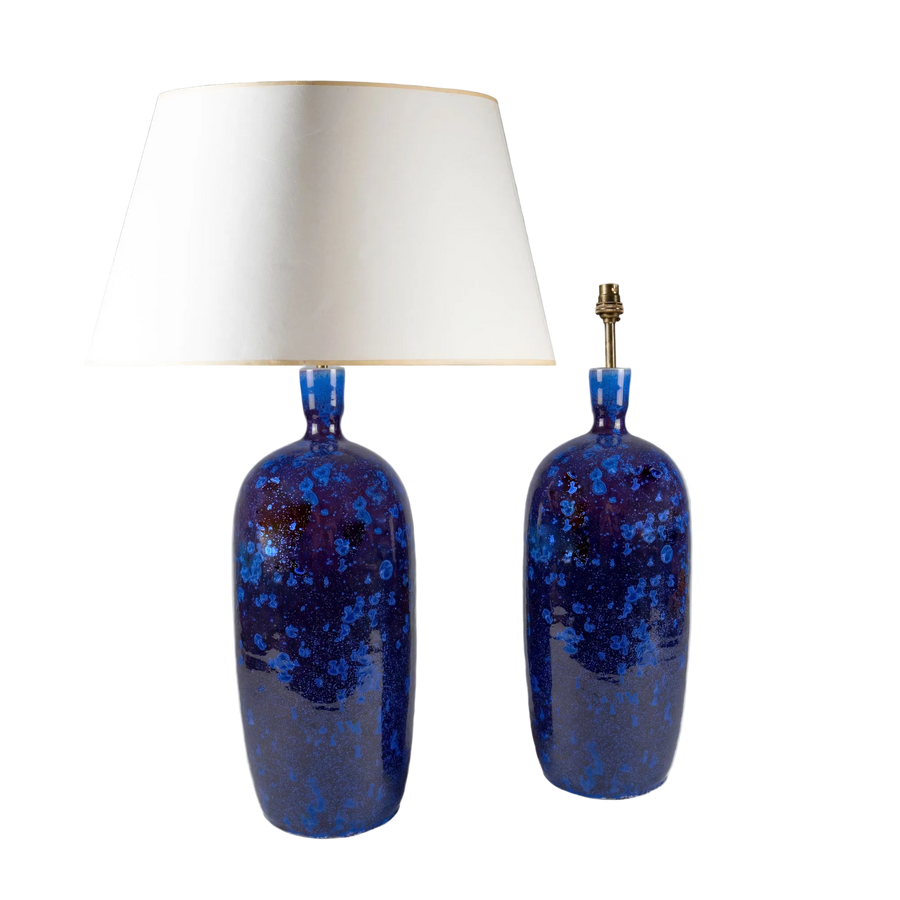 Pair of hand-crafted cobalt blue crystalline glazed ceramic table lamps by Nwtiques with white shades