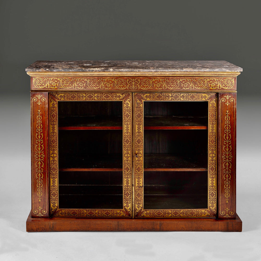 Late Regency brass inlaid side cabinet with marble top by Collection TH10 showcasing elegant English craftsmanship
