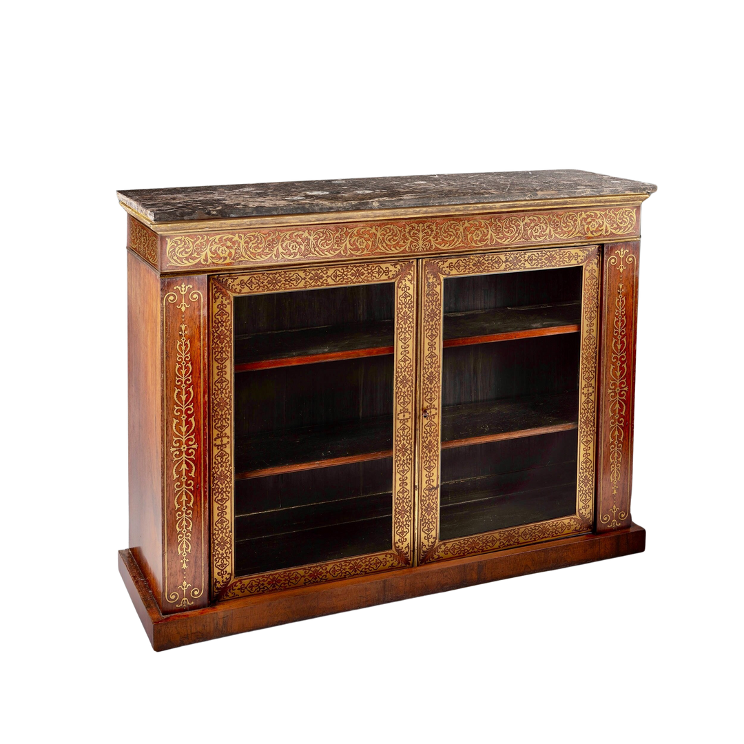 Late Regency brass inlaid side cabinet with glass doors and marble top by Collection TH10