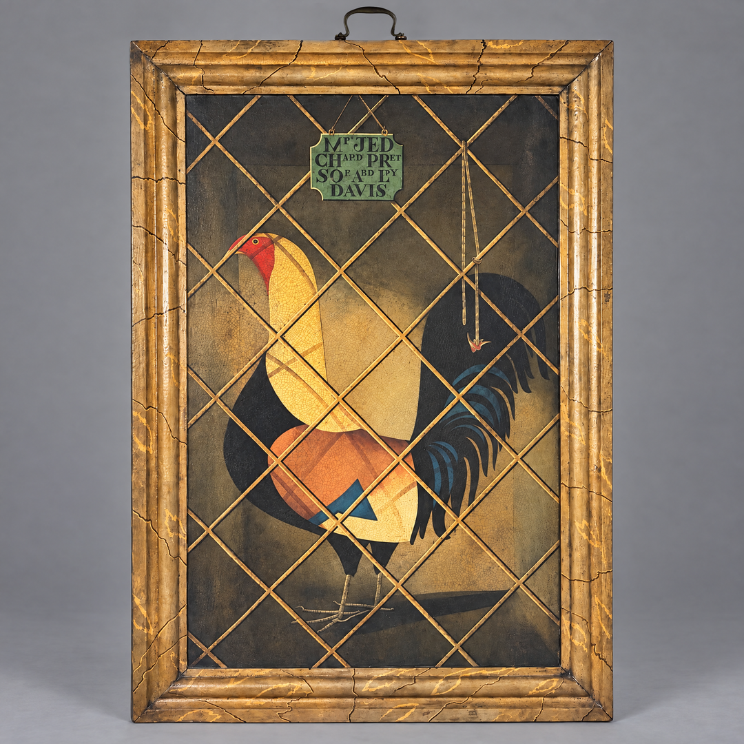 A framed vintage-style rooster painting with a gold-toned marbleised frame and diamond lattice overlay. The artwork depicts a rooster in cream, black, blue, and orange tones against a dark background.