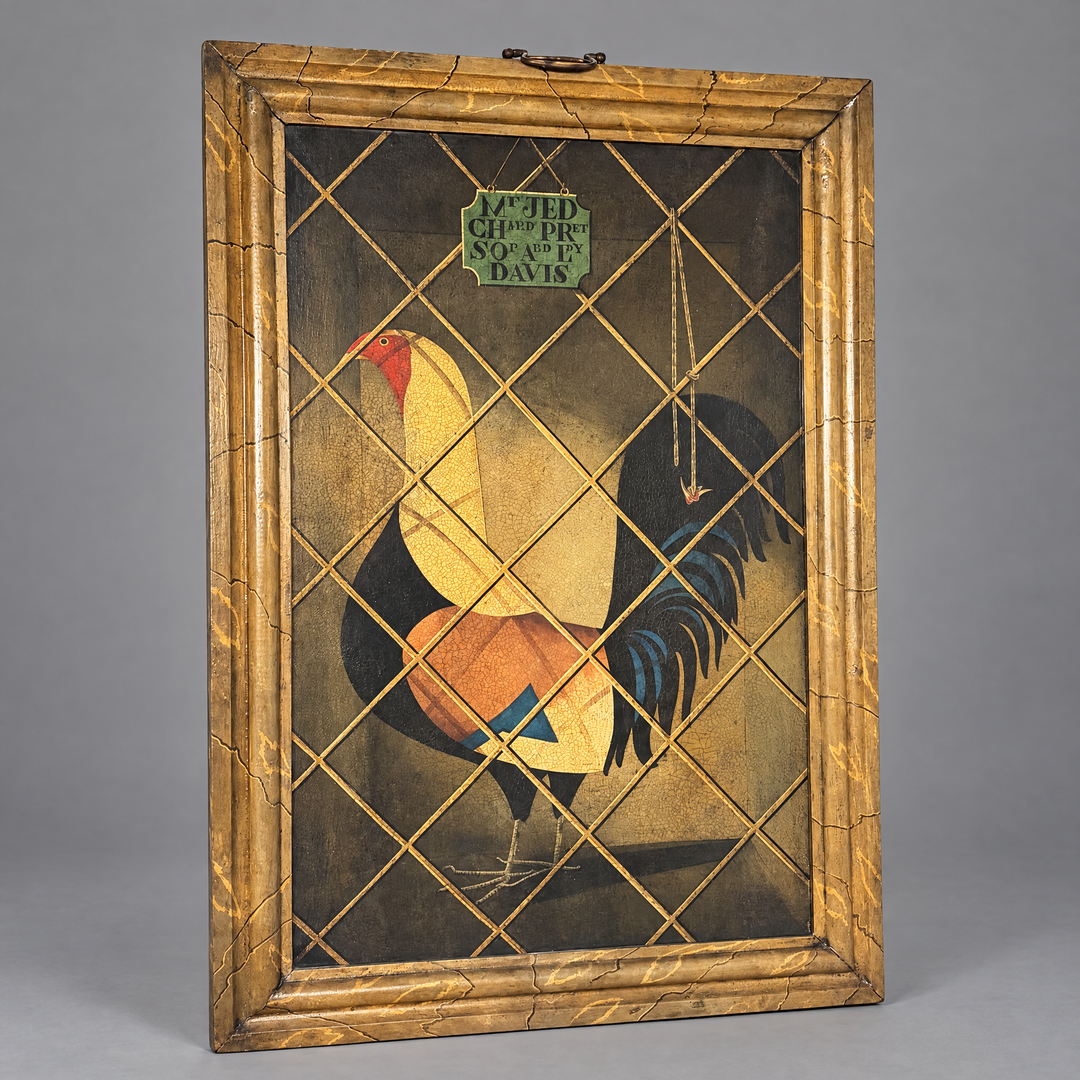An Unusual English Painted Panel of a Caged Fighting Cock