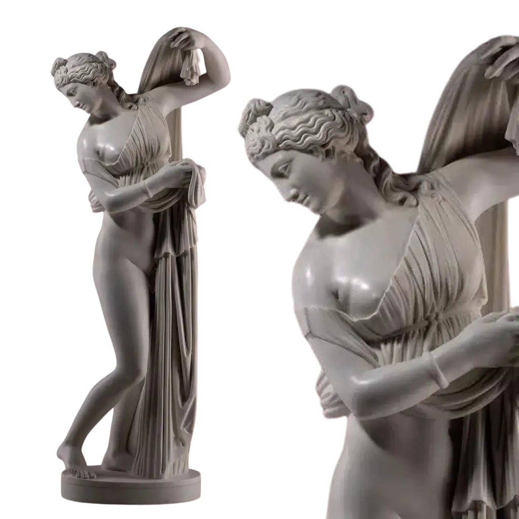 Callipygian Venus marble statue of a graceful woman draped in cloth, classical Roman art, 1800 Italy.