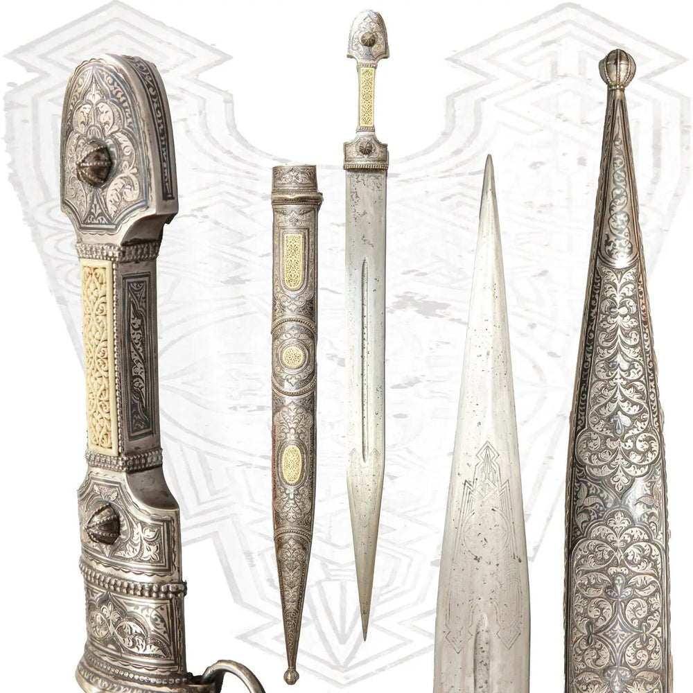 Detailed Caucasian Kindjal dagger with ornate engravings from Nicholas Wells Antiques, 71.5 cm blade in scabbard.