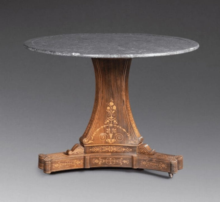 Charles X Rosewood Marquetry Guéridon Table with grey veined marble top and ornate wooden base circa 1825.