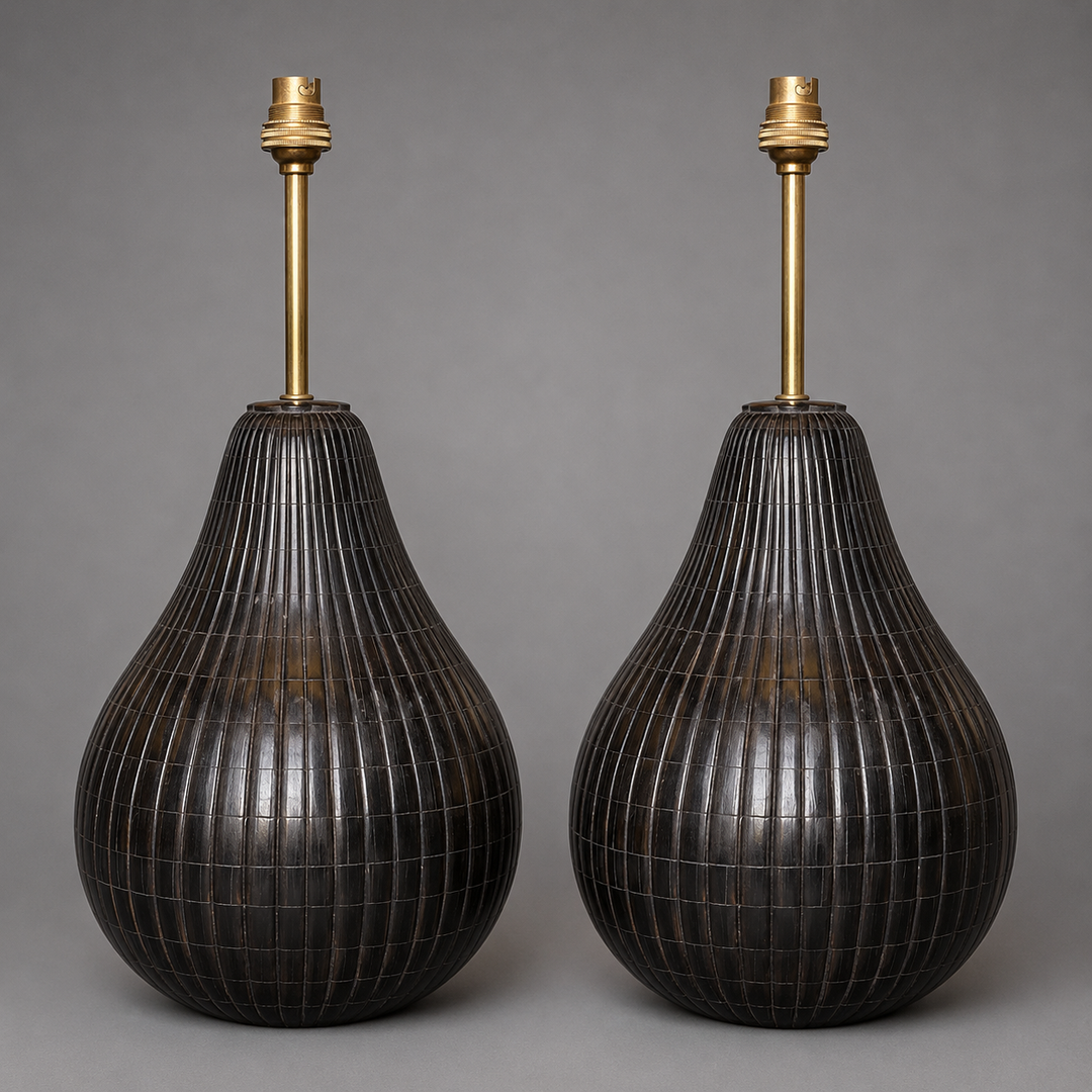 Pair of Fluted Indian Horn Table Lamps with Petalled Collars