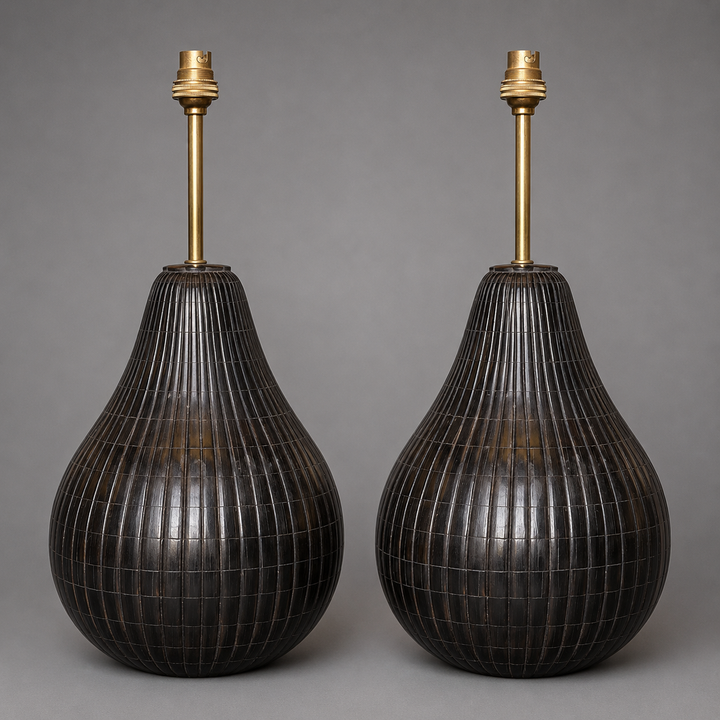 Pair of Fluted Indian Horn Table Lamps with Petalled Collars