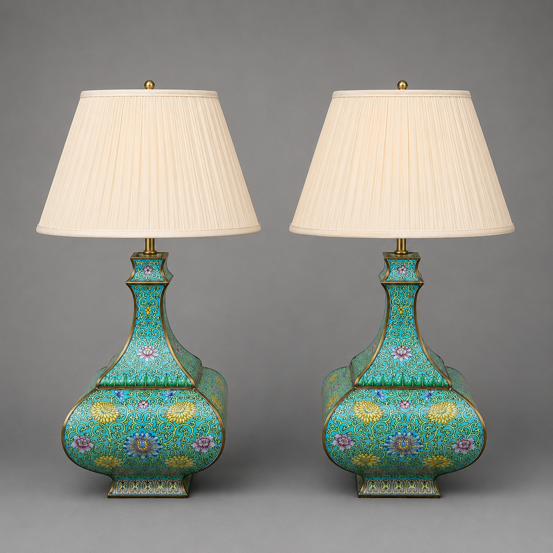 Pair of Nineteenth Century Turquoise Cloisonné Vase Lamps with Floral Scroll Decoration