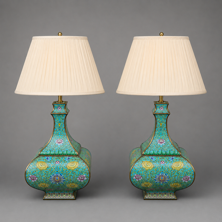 Pair of Nineteenth Century Turquoise Cloisonné Vase Lamps with Floral Scroll Decoration