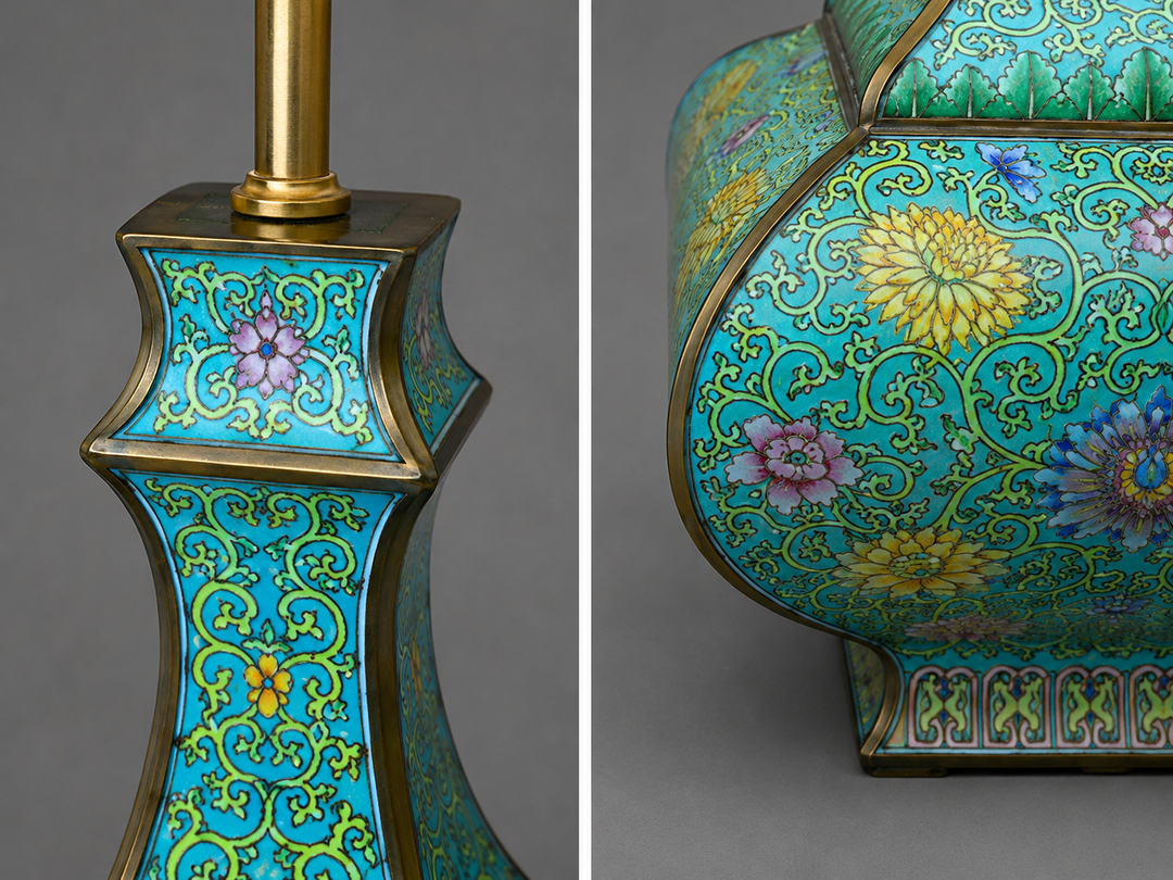 Pair of Nineteenth Century Turquoise Cloisonné Vase Lamps with Floral Scroll Decoration
