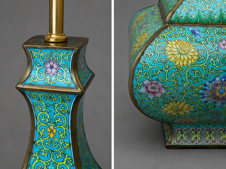 Pair of Nineteenth Century Turquoise Cloisonné Vase Lamps with Floral Scroll Decoration