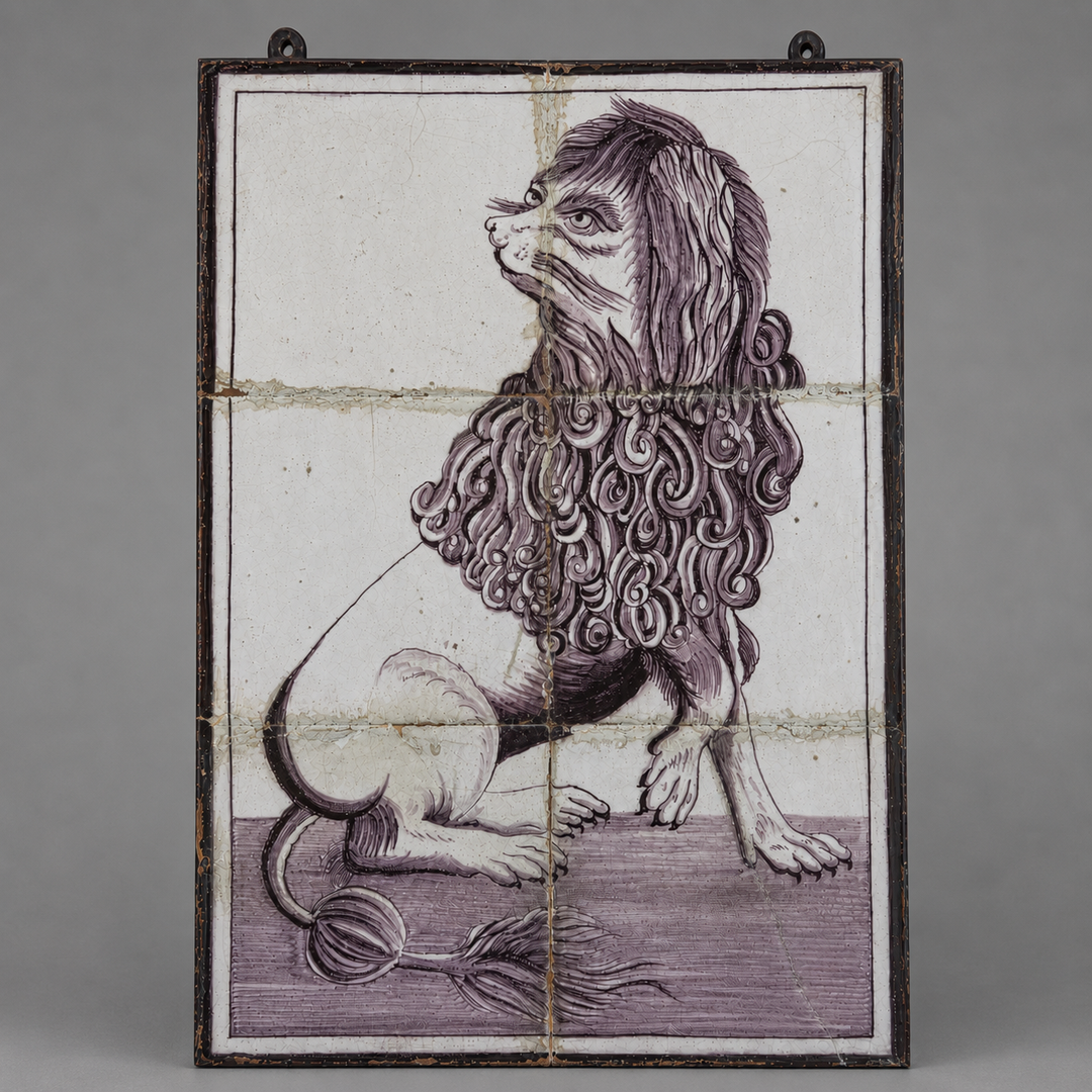 Dutch Delft Manganese Tile Panel of a Seated Dog