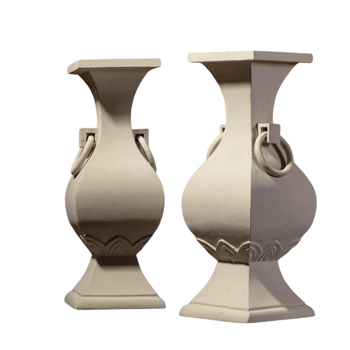 Pair of Classical Chinese Lamps with white painted carved wooden baluster bases and ring handles, 58.5 cm tall.