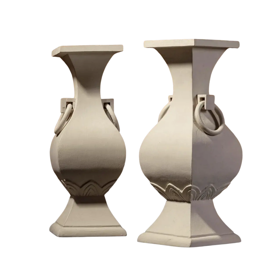 Pair of Classical Chinese Lamps with white painted carved wooden baluster bases and ring handles, 58.5 cm tall.